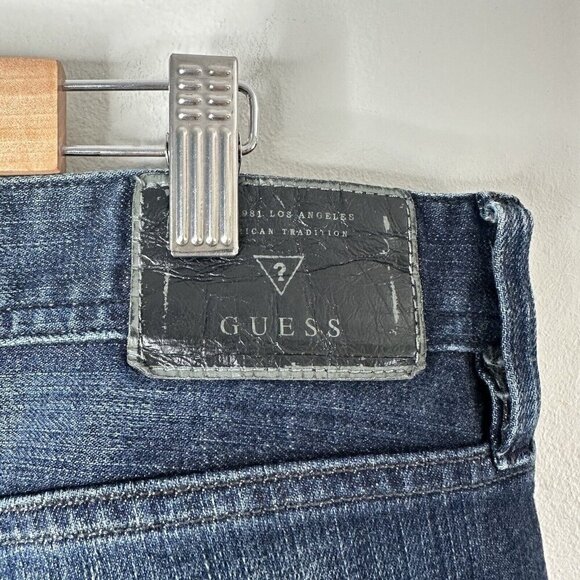 Guess Jeans Mens Blue Denim Falcon Regular Boot Cut Distressed Dark Wash Size 36 - Picture 8 of 13